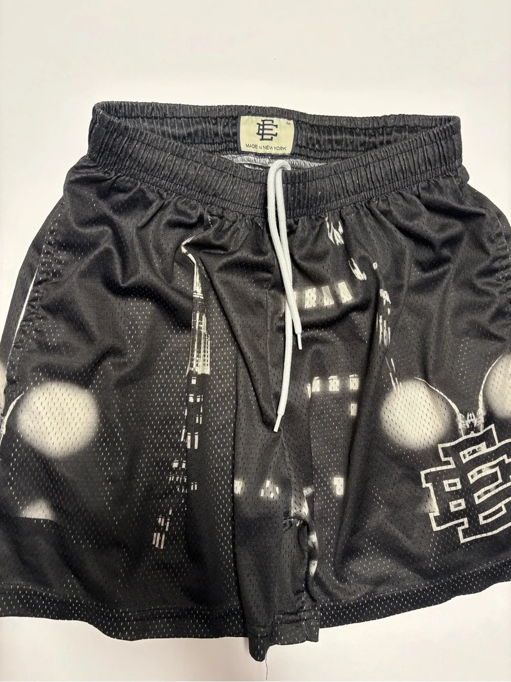 Eric Emanuel Black Mesh Graphic Athletic Shorts with White Drawstring